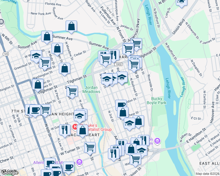 map of restaurants, bars, coffee shops, grocery stores, and more near 521 North 2nd Street in Allentown