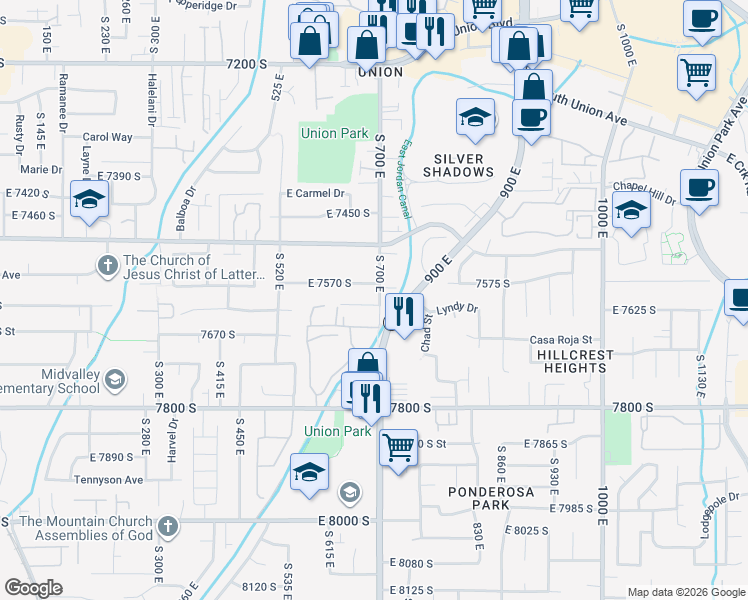 map of restaurants, bars, coffee shops, grocery stores, and more near 7618 South 700 East in Midvale