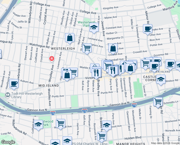 map of restaurants, bars, coffee shops, grocery stores, and more near 2113 Victory Boulevard in Staten Island