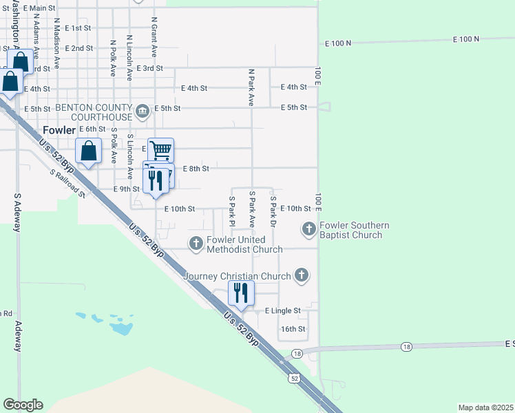 map of restaurants, bars, coffee shops, grocery stores, and more near 602 South Park Avenue in Fowler