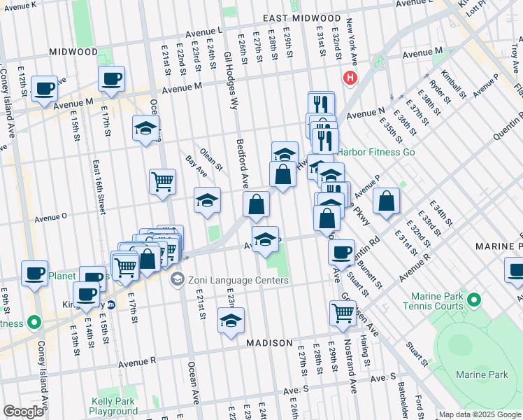 map of restaurants, bars, coffee shops, grocery stores, and more near 2520 Kings Highway in Brooklyn