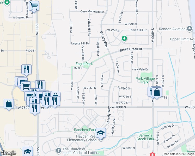 map of restaurants, bars, coffee shops, grocery stores, and more near 7607 South 5200 West in West Jordan