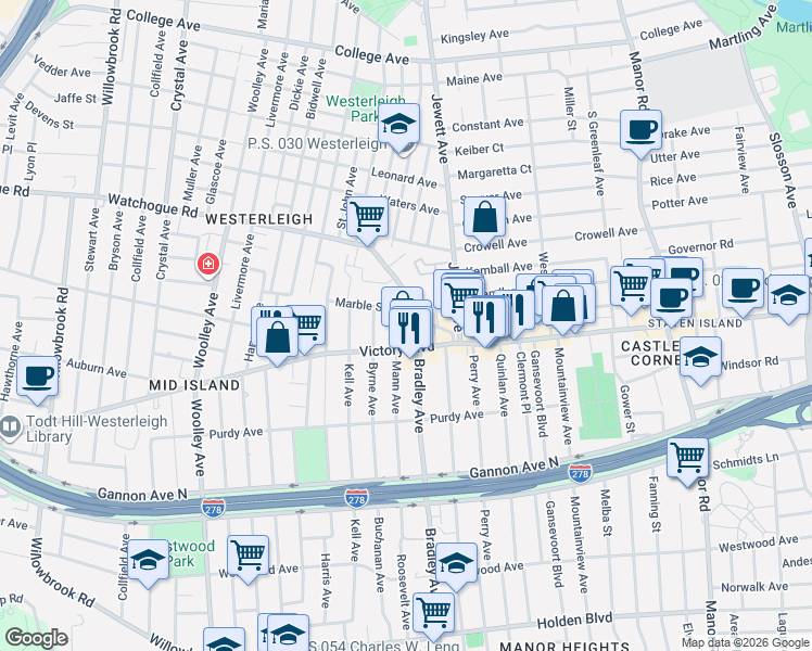 map of restaurants, bars, coffee shops, grocery stores, and more near 15 Mann Avenue in Staten Island