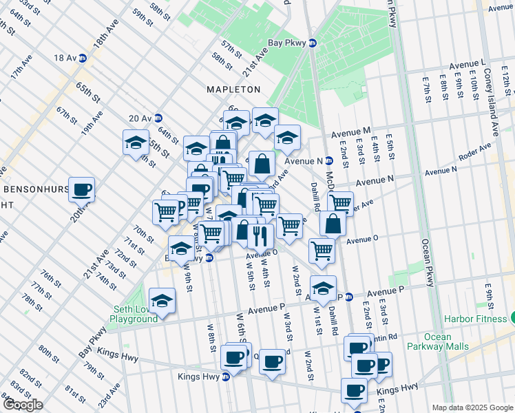 map of restaurants, bars, coffee shops, grocery stores, and more near 64th Street & 23rd Avenue in Brooklyn