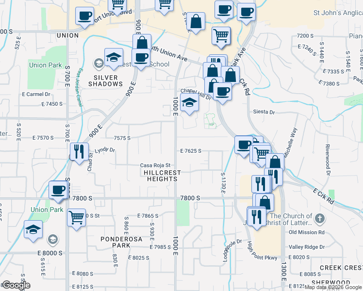 map of restaurants, bars, coffee shops, grocery stores, and more near in Midvale