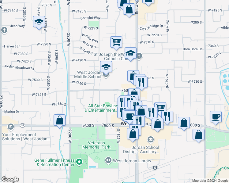map of restaurants, bars, coffee shops, grocery stores, and more near 1801 7600 South in West Jordan