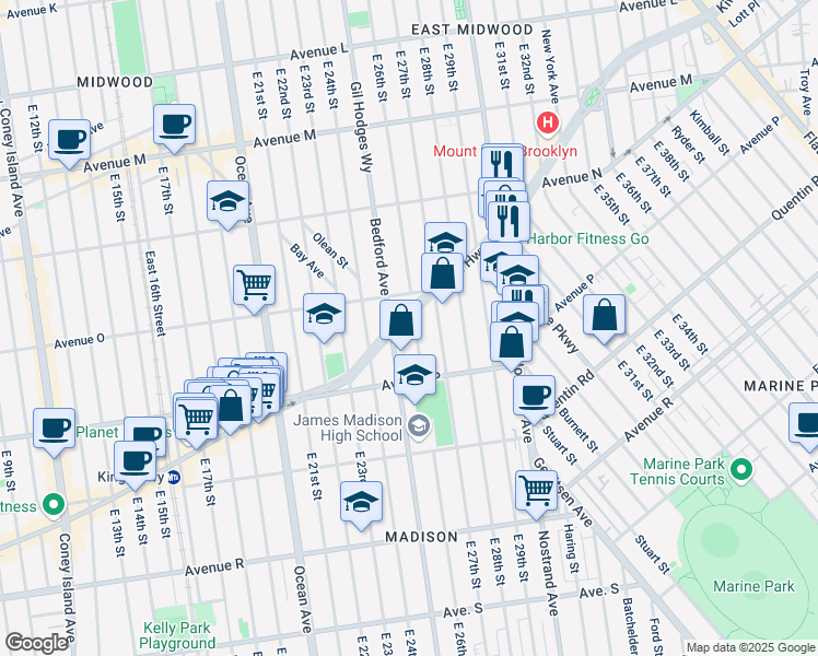 map of restaurants, bars, coffee shops, grocery stores, and more near 1566 East 26th Street in Brooklyn