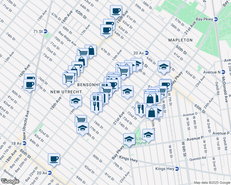map of restaurants, bars, coffee shops, grocery stores, and more near 2024 71st Street in Brooklyn