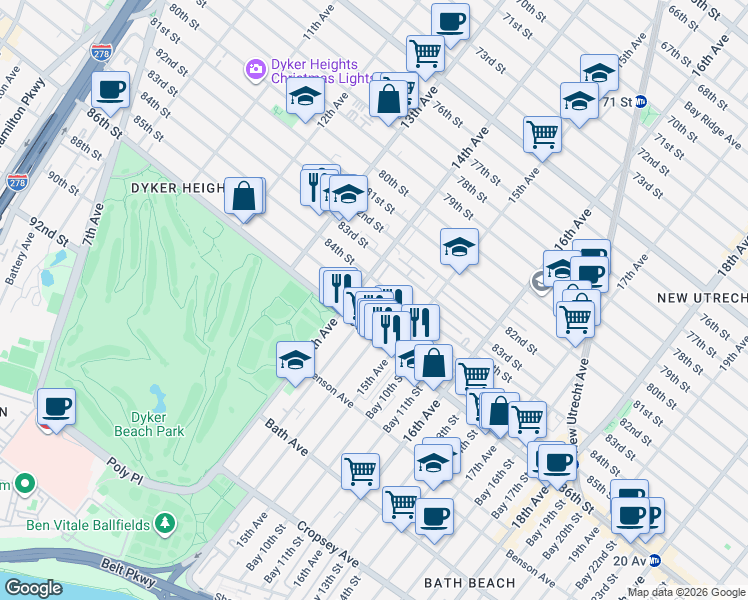 map of restaurants, bars, coffee shops, grocery stores, and more near 1448 85th Street in Brooklyn