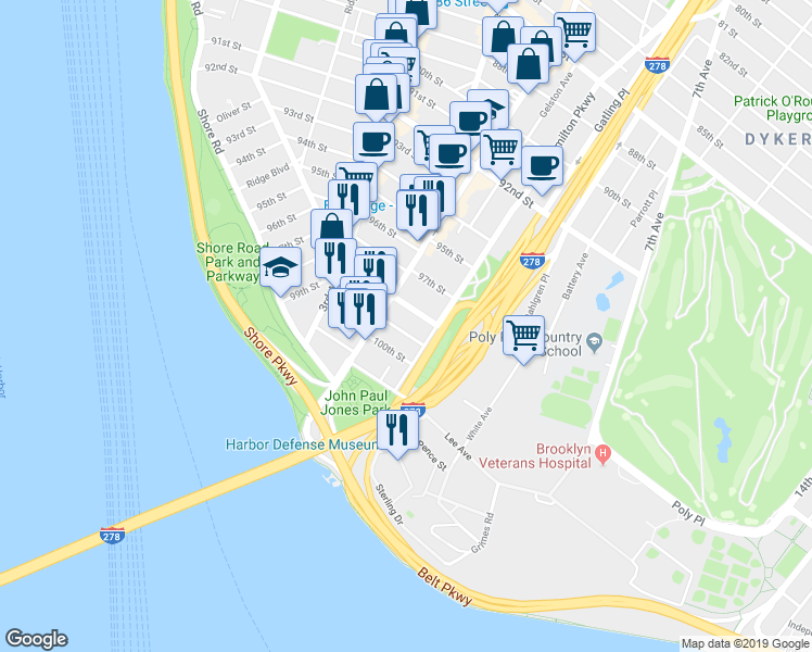 map of restaurants, bars, coffee shops, grocery stores, and more near 431 100th Street in Brooklyn