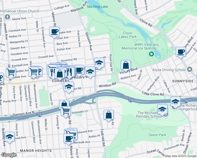 map of restaurants, bars, coffee shops, grocery stores, and more near 95 Windsor Road in Staten Island