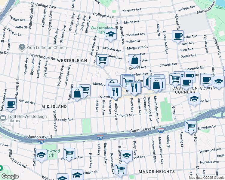 map of restaurants, bars, coffee shops, grocery stores, and more near 2081 Victory Boulevard in Staten Island