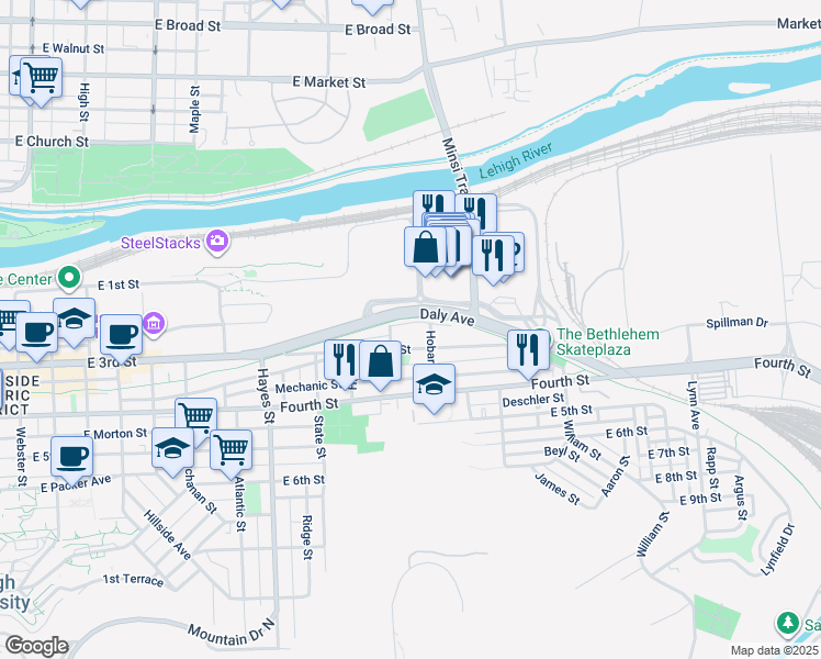 map of restaurants, bars, coffee shops, grocery stores, and more near 1164 Railroad Street in Bethlehem