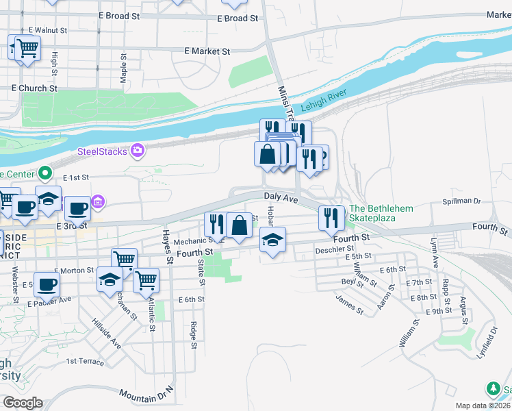 map of restaurants, bars, coffee shops, grocery stores, and more near 300 Hobart Street in Bethlehem