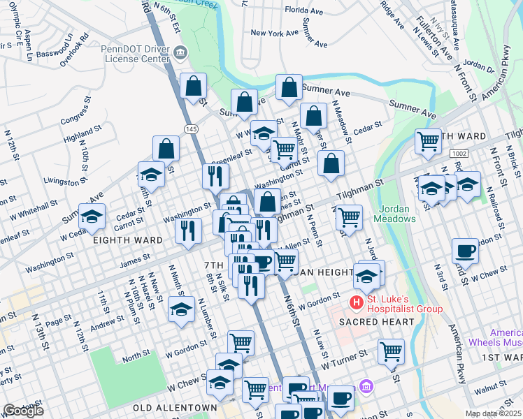 map of restaurants, bars, coffee shops, grocery stores, and more near 538 Tilghman Street in Allentown