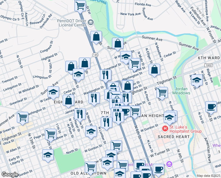 map of restaurants, bars, coffee shops, grocery stores, and more near 724 North 7th Street in Allentown