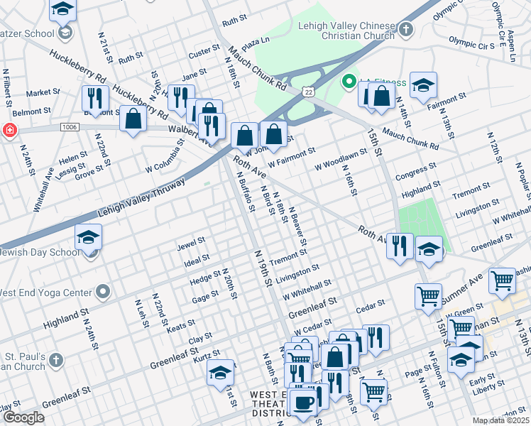 map of restaurants, bars, coffee shops, grocery stores, and more near 1131 North 19th Street in Allentown