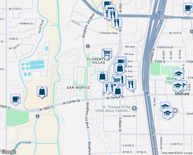 map of restaurants, bars, coffee shops, grocery stores, and more near 7565 South in Midvale