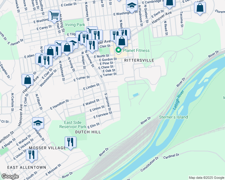 map of restaurants, bars, coffee shops, grocery stores, and more near 1023 East Walnut Street in Allentown