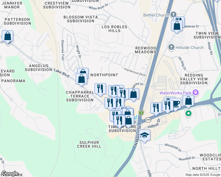 map of restaurants, bars, coffee shops, grocery stores, and more near 4276 Baywood Drive in Redding