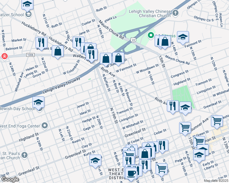 map of restaurants, bars, coffee shops, grocery stores, and more near 1131 North 19th Street in Allentown
