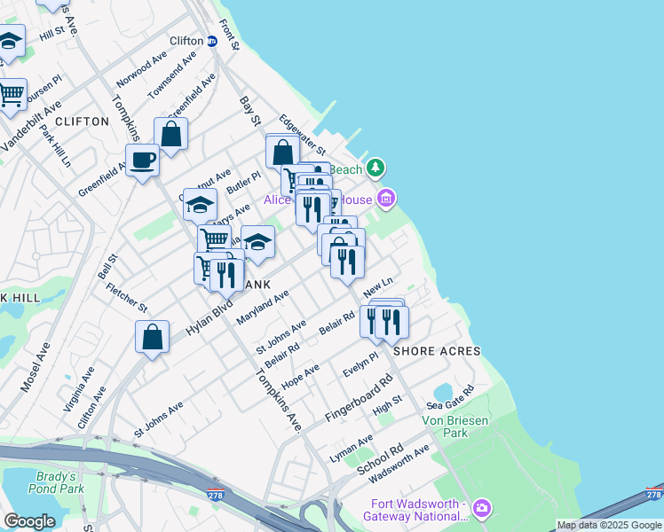 map of restaurants, bars, coffee shops, grocery stores, and more near 1256 Bay Street in Staten Island