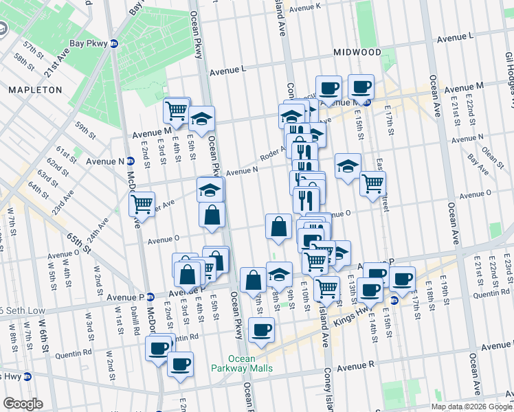 map of restaurants, bars, coffee shops, grocery stores, and more near 713 Avenue O in Brooklyn