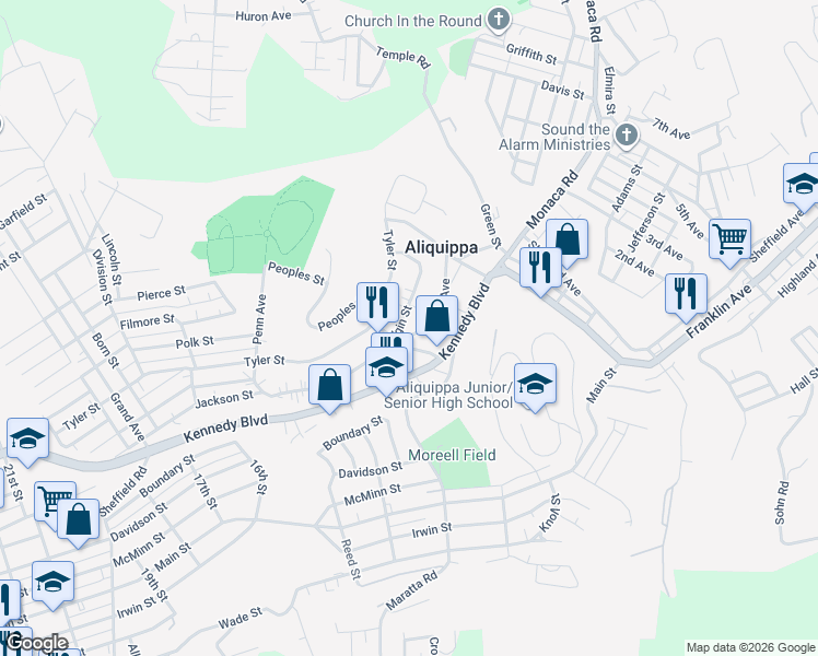 map of restaurants, bars, coffee shops, grocery stores, and more near 115 Derby Way in Aliquippa