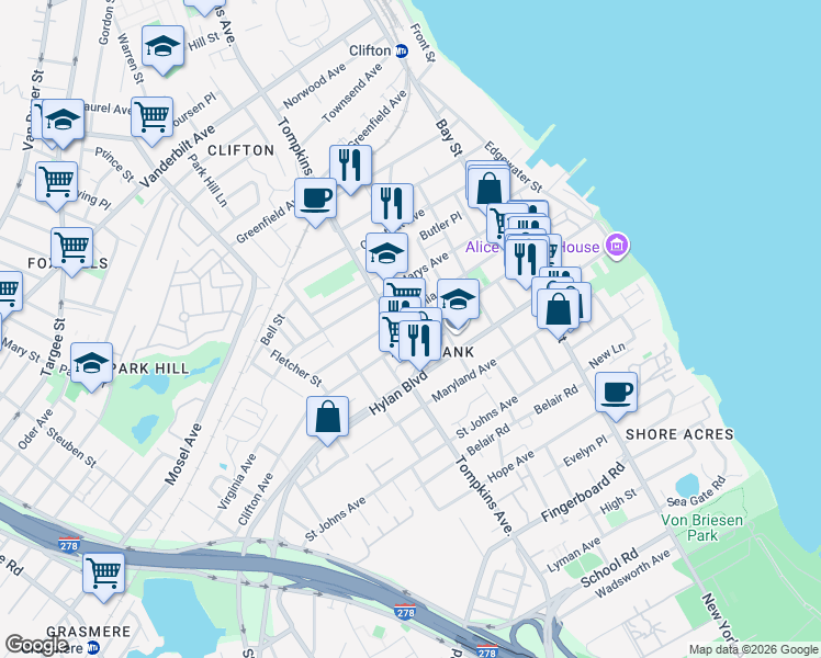 map of restaurants, bars, coffee shops, grocery stores, and more near 554 Tompkins Avenue in Staten Island