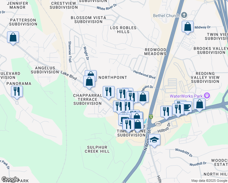 map of restaurants, bars, coffee shops, grocery stores, and more near 335 Lake Boulevard in Redding