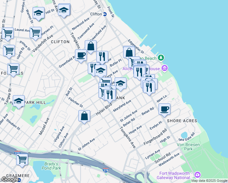map of restaurants, bars, coffee shops, grocery stores, and more near in Staten Island