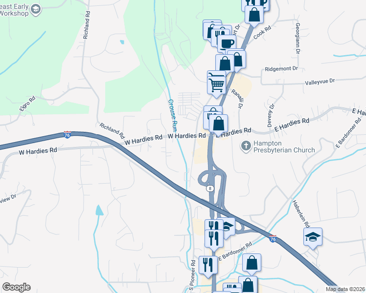 map of restaurants, bars, coffee shops, grocery stores, and more near 5155 North Pioneer Road in Gibsonia