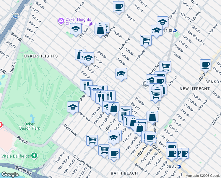 map of restaurants, bars, coffee shops, grocery stores, and more near 8402 15th Avenue in Brooklyn