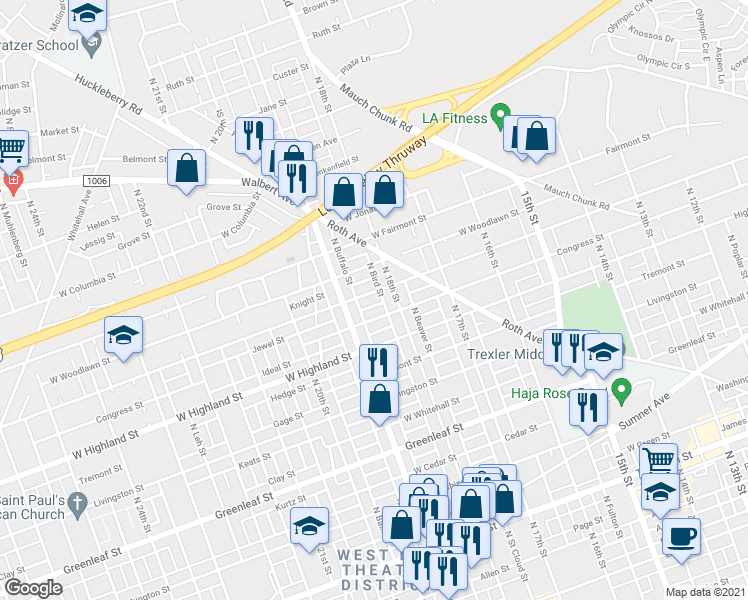 map of restaurants, bars, coffee shops, grocery stores, and more near 1822 Pennsylvania Street in Allentown