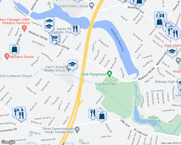 map of restaurants, bars, coffee shops, grocery stores, and more near 1 Hartman Court in Clark