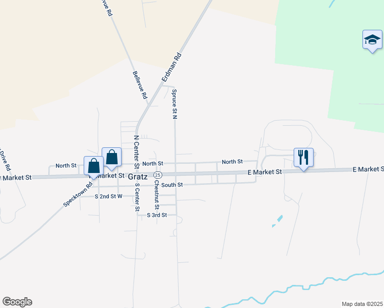 map of restaurants, bars, coffee shops, grocery stores, and more near North 2nd Street in Gratz