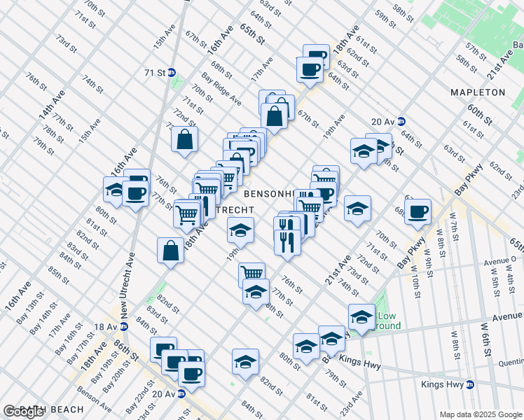 map of restaurants, bars, coffee shops, grocery stores, and more near 7409 19th Avenue in Brooklyn