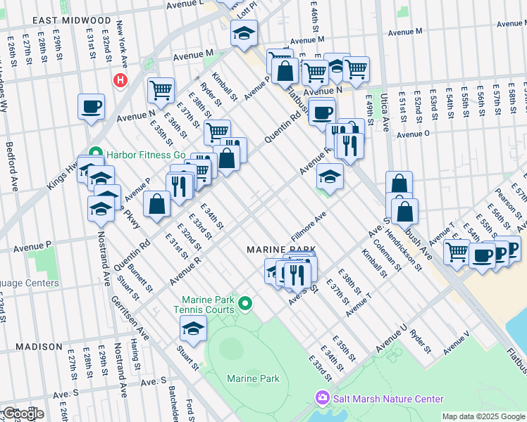 map of restaurants, bars, coffee shops, grocery stores, and more near 1848 East 37th Street in Brooklyn
