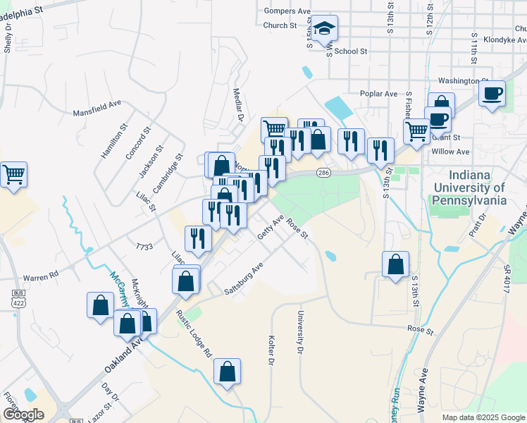 map of restaurants, bars, coffee shops, grocery stores, and more near 1649 Willis Drive in Indiana