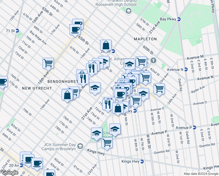 map of restaurants, bars, coffee shops, grocery stores, and more near 6801 21st Avenue in Brooklyn