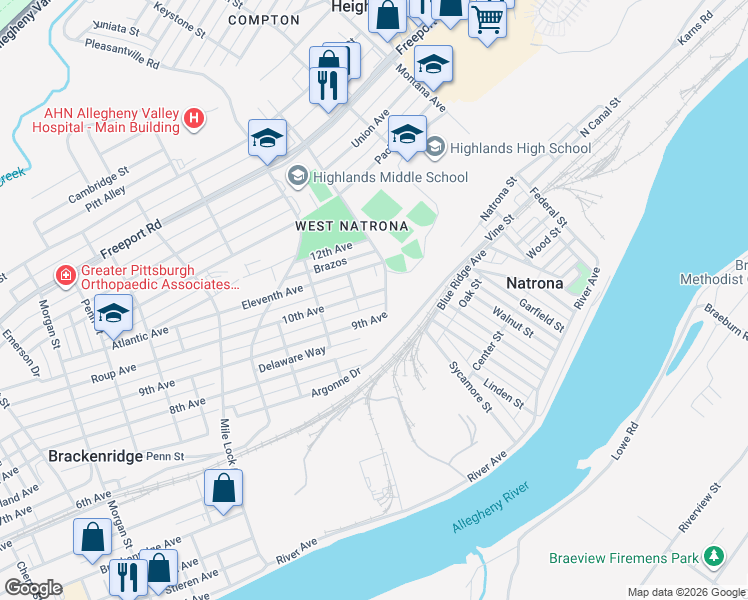 map of restaurants, bars, coffee shops, grocery stores, and more near 1339 9th Avenue in Natrona Heights