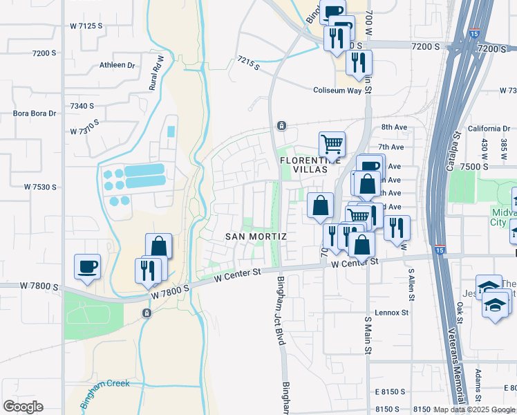 map of restaurants, bars, coffee shops, grocery stores, and more near 84 Powder Hill Road in Midvale