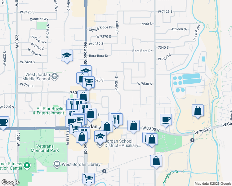 map of restaurants, bars, coffee shops, grocery stores, and more near 7632 South 1530 West in West Jordan
