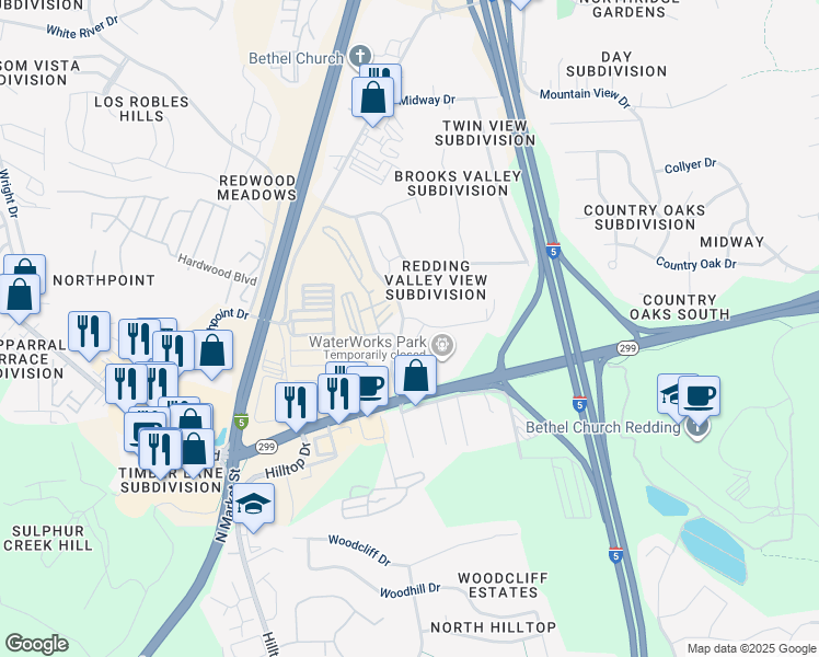 map of restaurants, bars, coffee shops, grocery stores, and more near 111 Boulder Creek Court in Redding
