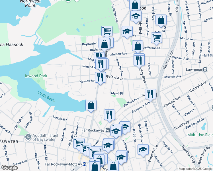 map of restaurants, bars, coffee shops, grocery stores, and more near 50 Sheridan Boulevard in Inwood