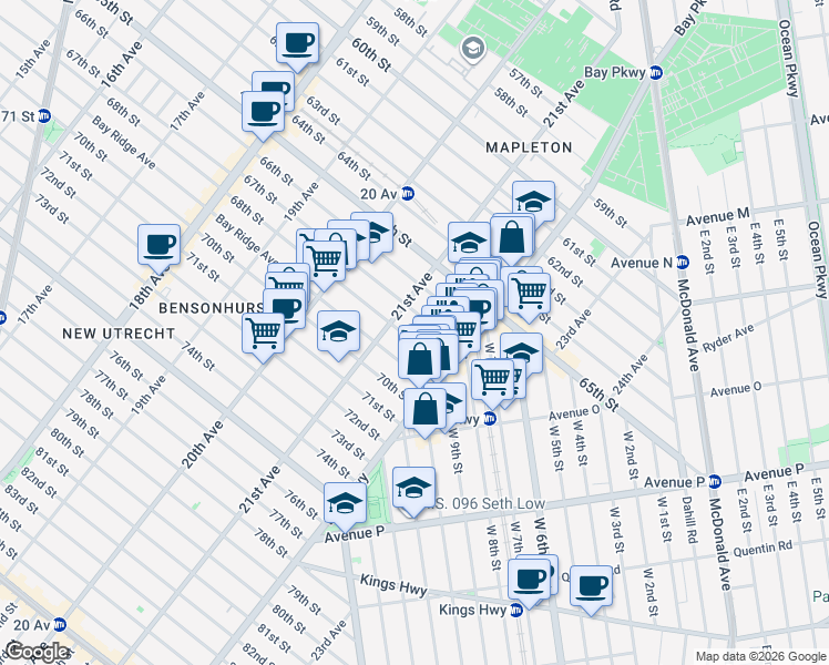 map of restaurants, bars, coffee shops, grocery stores, and more near 2146 68th Street in Brooklyn