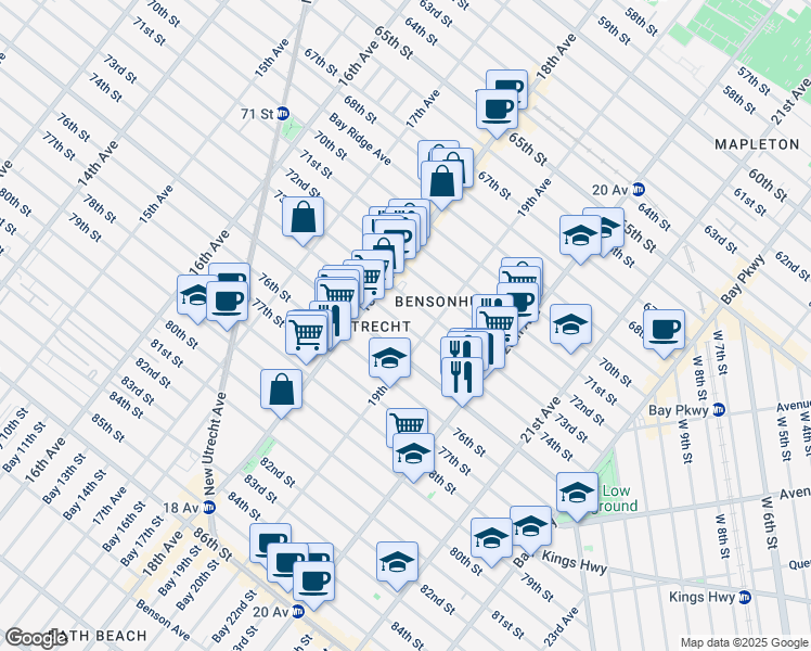 map of restaurants, bars, coffee shops, grocery stores, and more near 7409 19th Avenue in Brooklyn