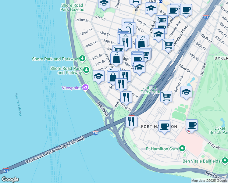 map of restaurants, bars, coffee shops, grocery stores, and more near 9967 Shore Road in Brooklyn