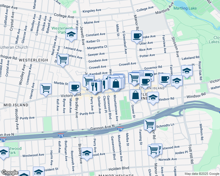 map of restaurants, bars, coffee shops, grocery stores, and more near 1894B Victory Boulevard in Staten Island