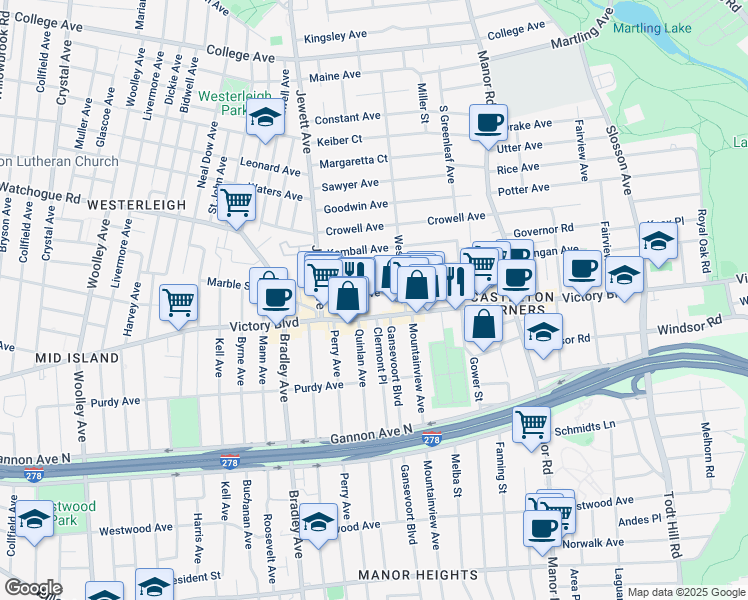 map of restaurants, bars, coffee shops, grocery stores, and more near 1936 Victory Boulevard in Staten Island